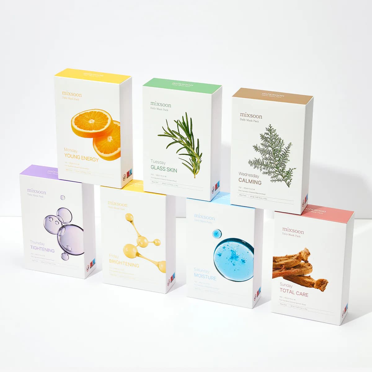 Mixsoon Daily Mask Pack 20ml X 10 sheets 1SET- 7-Mask Routine Pore Minimizer, Tone-Up, Glass Skin, Calming, Tightening, Brightening, Moisture, and Total Care Masks Korean Skincare
