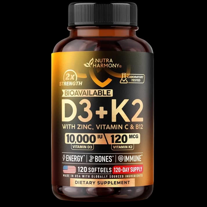 Bioavailable D3 10,000 IU & K2 120 mcg with Zinc. Vitamin C & B12 Softgels