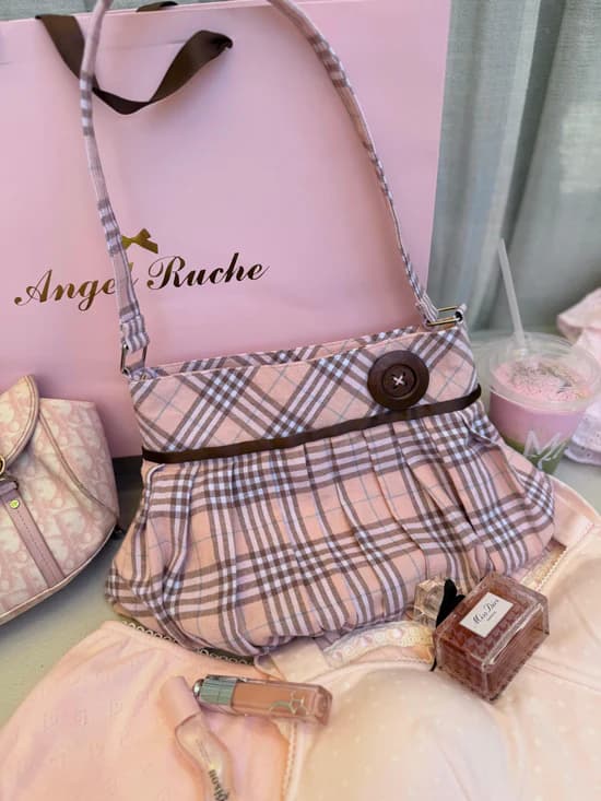 Girly Plaid Pleated Button Bag (Pink)