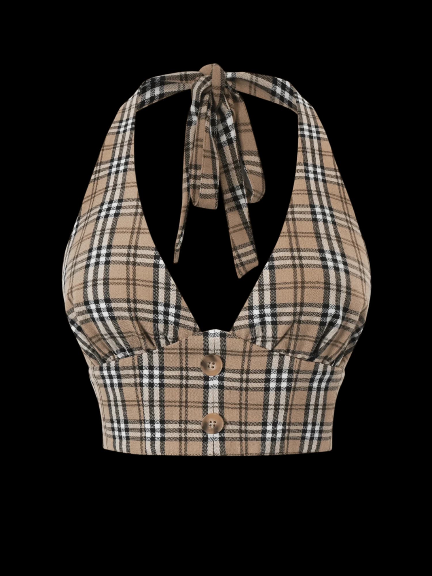 Girly Plaid Halter Crop Top - Khaki