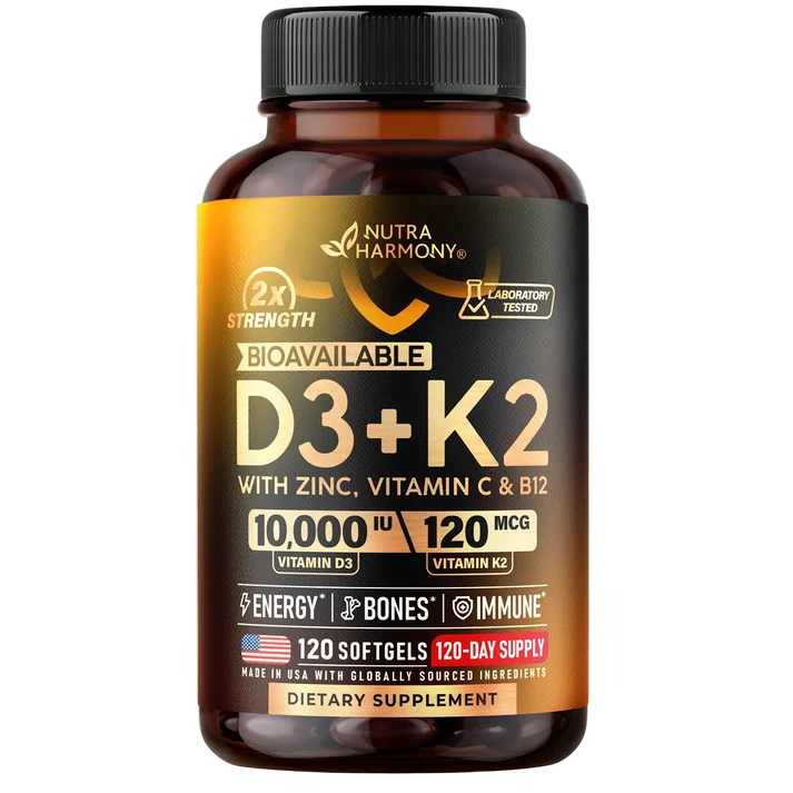 Bioavailable D3 10,000 IU & K2 120 mcg with Zinc. Vitamin C & B12 Softgels
