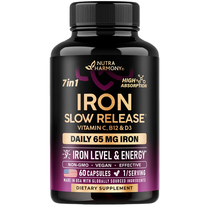 Slow Release Iron 65 mg | Ferrous Sulfate with Vitamins C, B12 & D3 Capsules